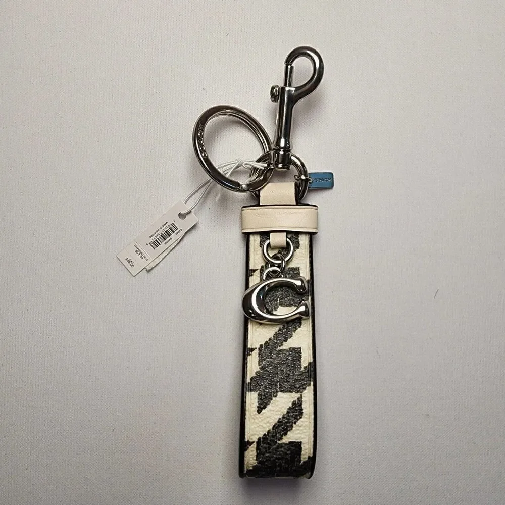 NWT COACH CK069 Loop Bag Charm Houndstooth Print Key Chain FOB Cream/Black